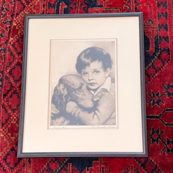 J. Knowles Hare Signed Etching "Sympathy" Boy and Dog Irish Setter or Retriever - Picture 7 of 10